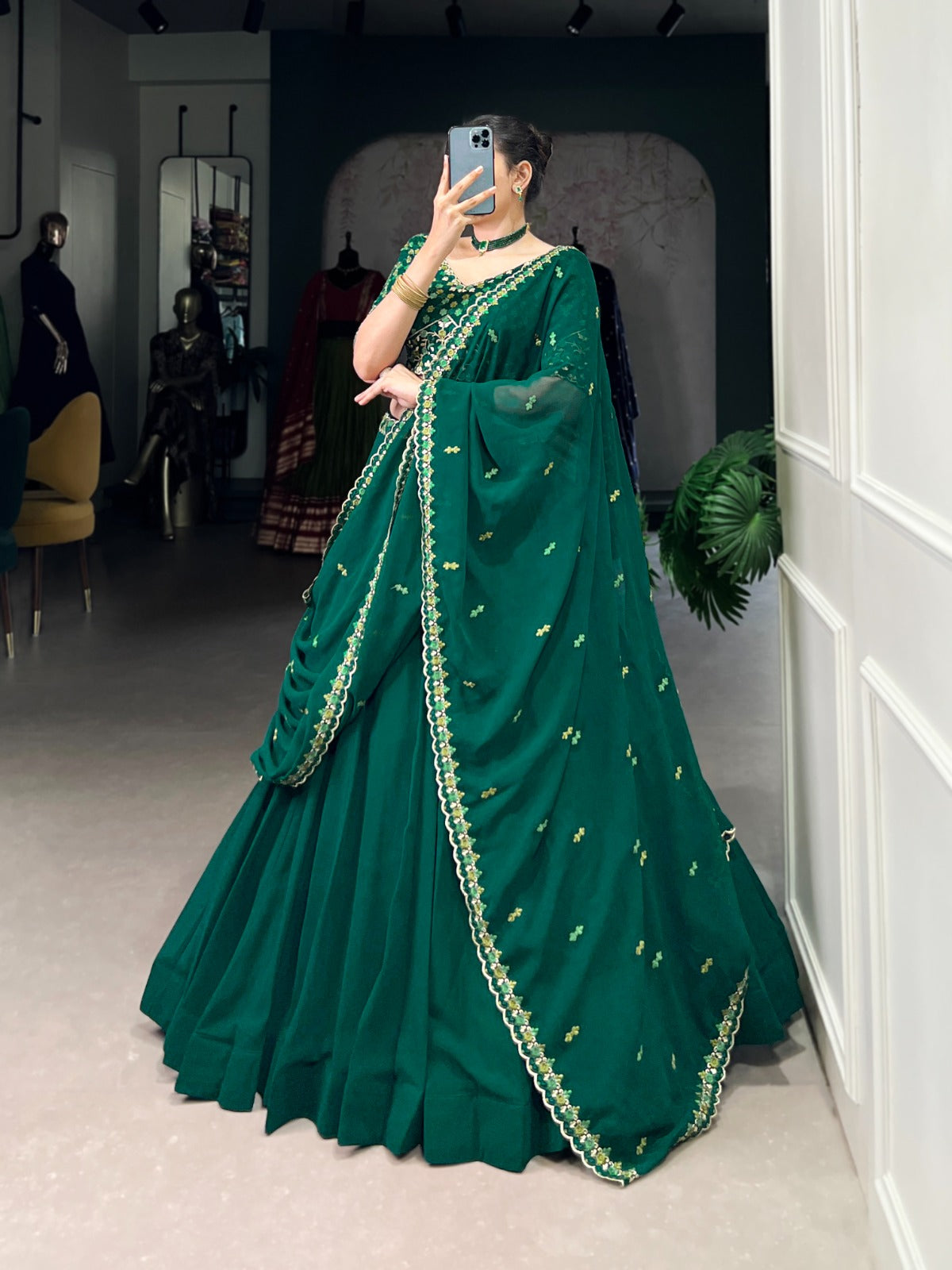 ELEGANT GREEN GEORGETTE EMBROIDERED LEHENGA CHOLI