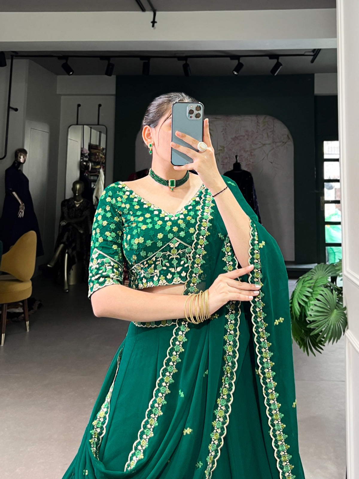 ELEGANT GREEN GEORGETTE EMBROIDERED LEHENGA CHOLI