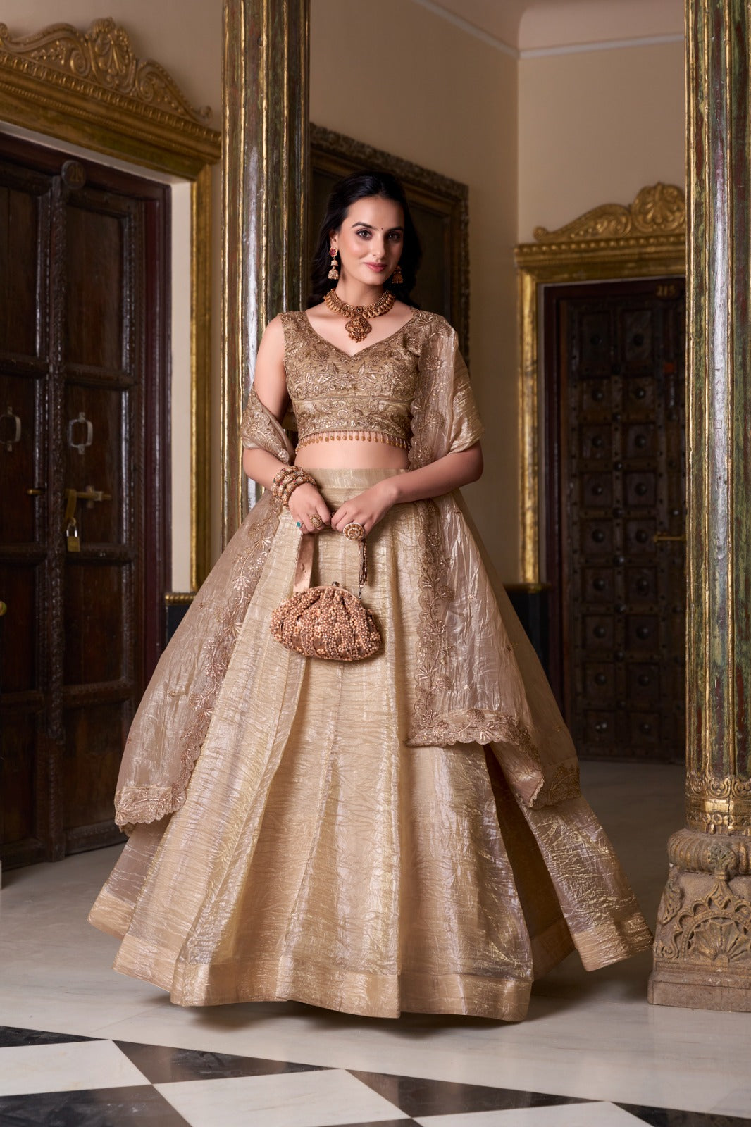 ELEGANT GOLD CRUSH LEHENGA CHOLI WITH EMBROIDERED BLOUSE & DUPATTA