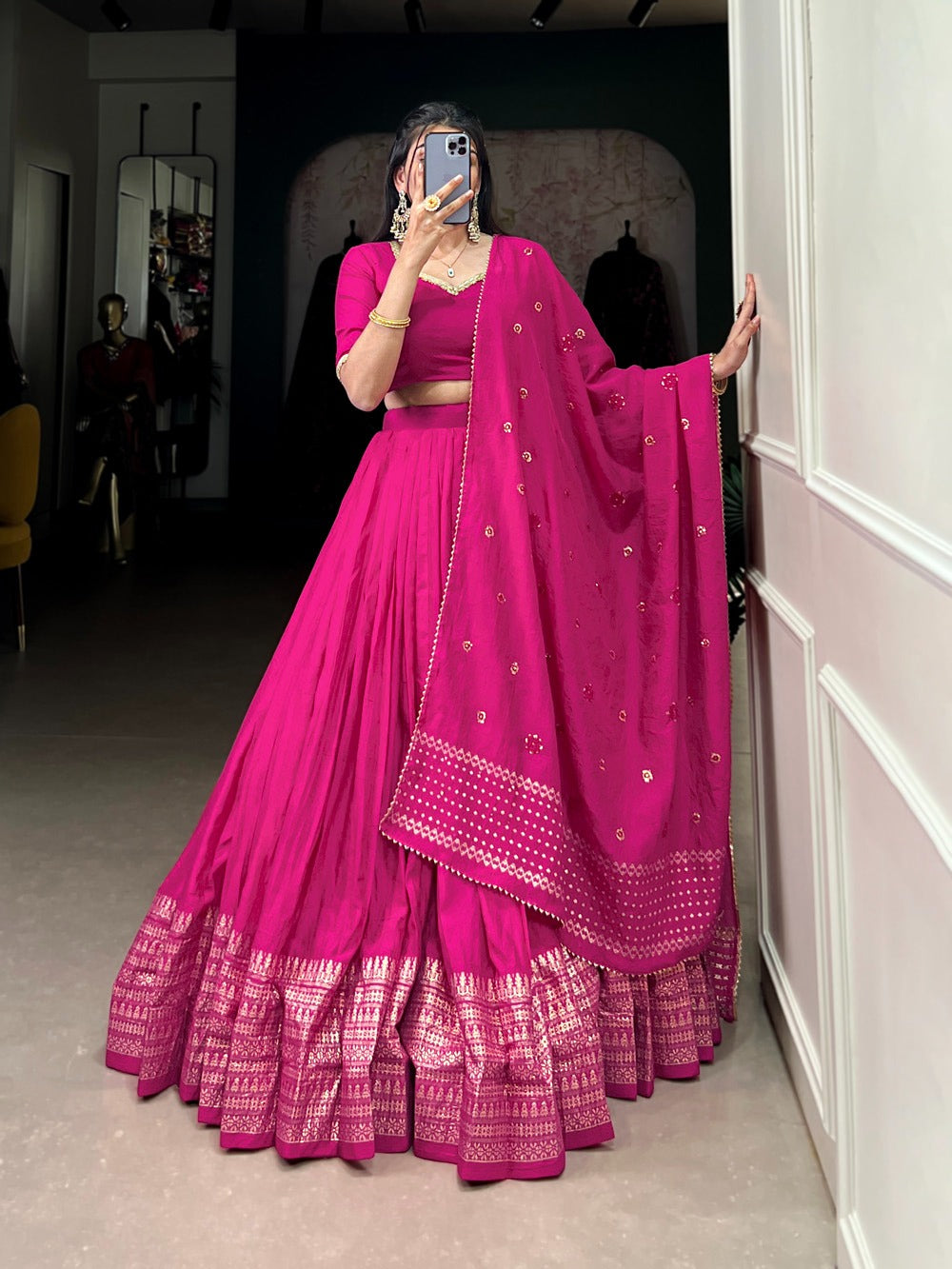 Green & Gold Pure Chanderi Zari Work Lehenga Choli