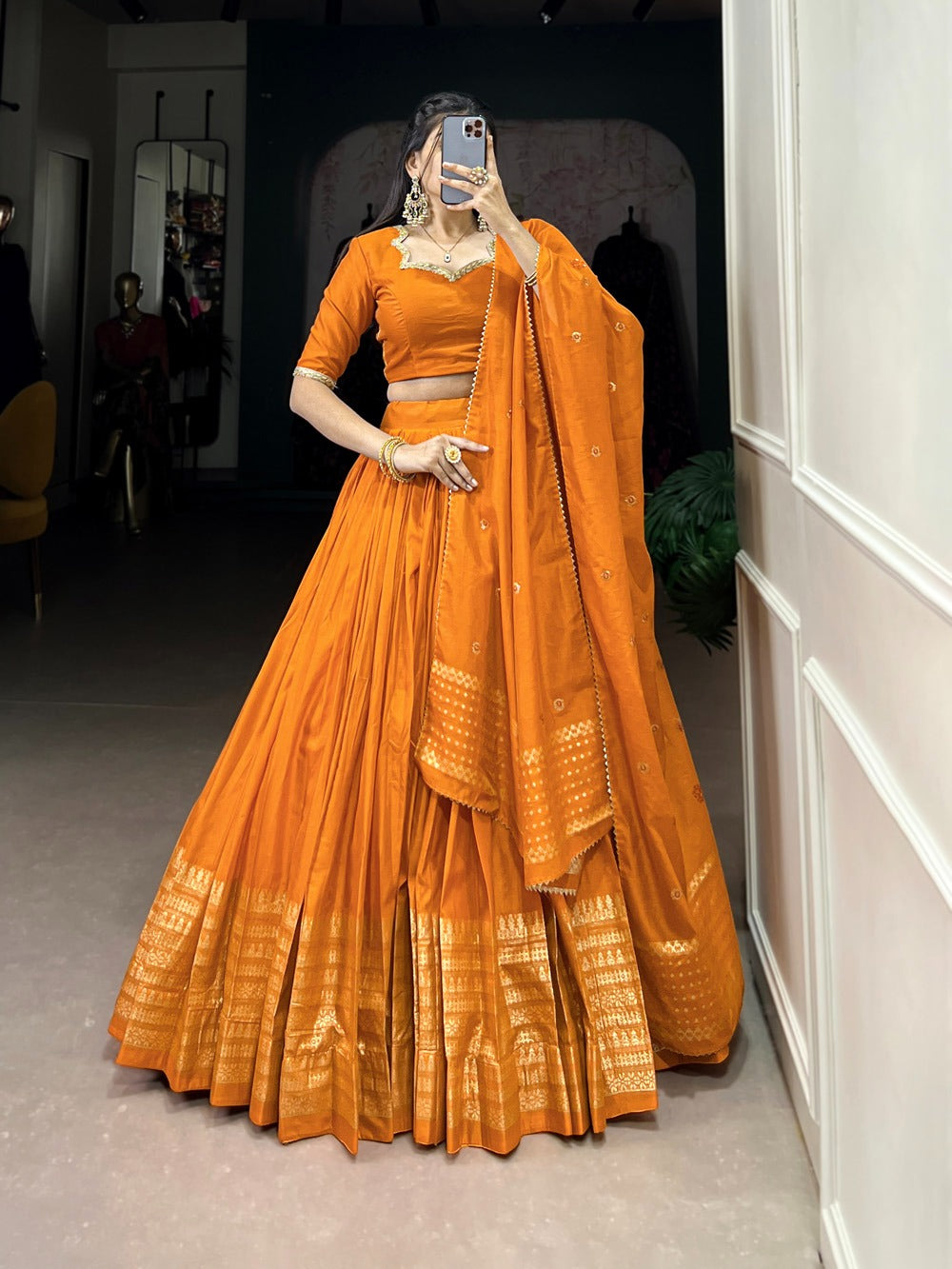 Green & Gold Pure Chanderi Zari Work Lehenga Choli