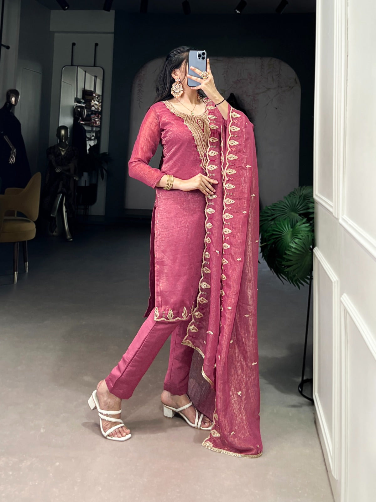 Elegant Pink & Silver Embroidered Suit Set