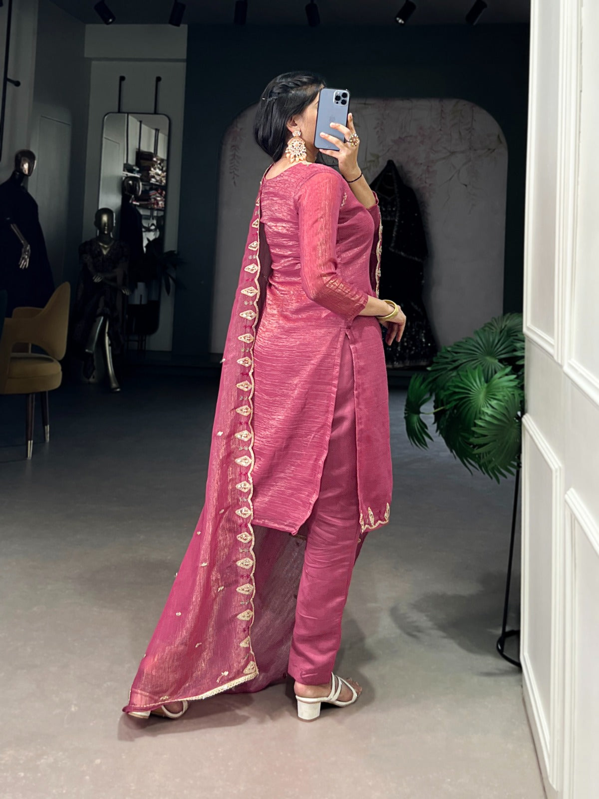Elegant Pink & Silver Embroidered Suit Set
