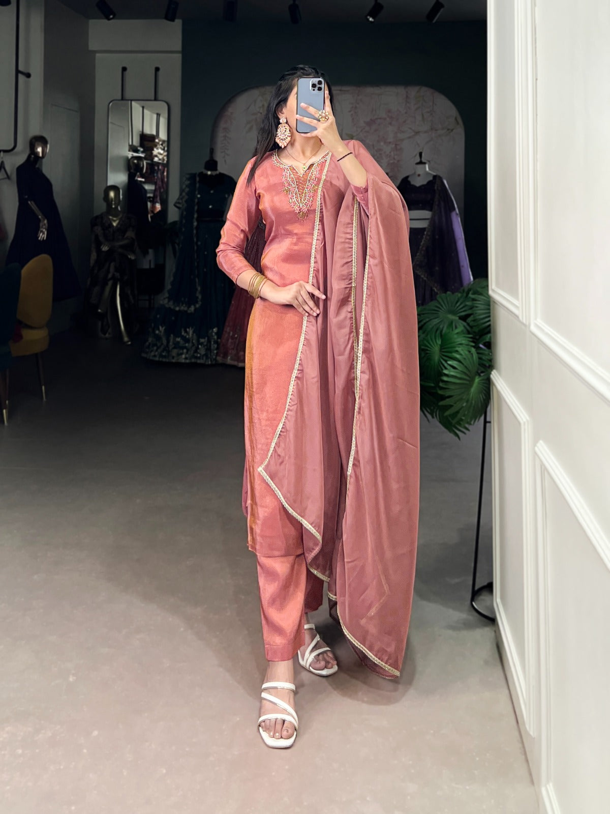 Elegant Peach Viscose Tissue Kurta Set with Organza Dupatta