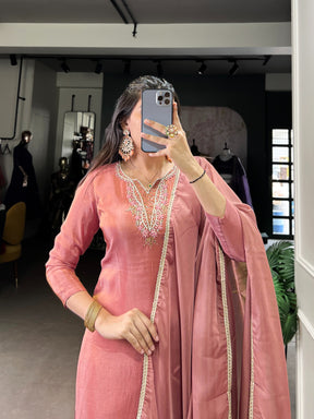Elegant Peach Viscose Tissue Kurta Set with Organza Dupatta