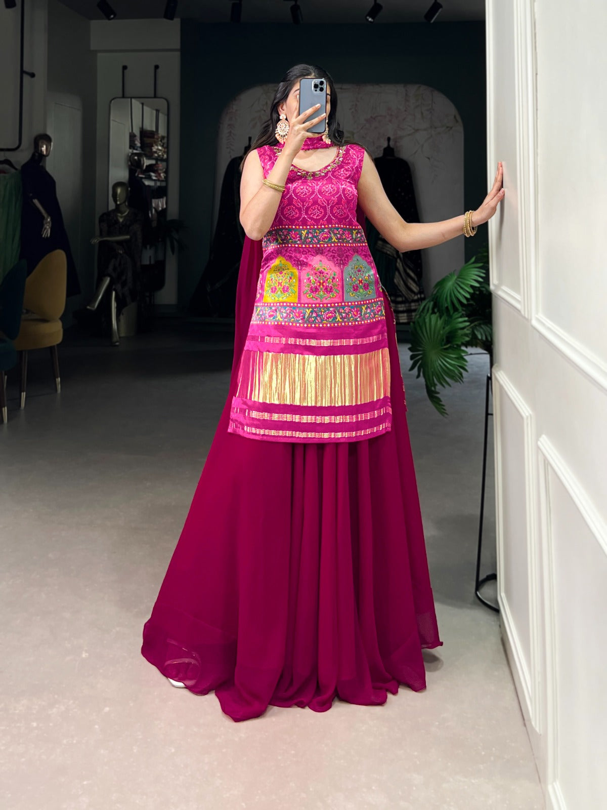 GAJI SILK KURTI WITH GEORGETTE PLAZZO & DUPATTA SET