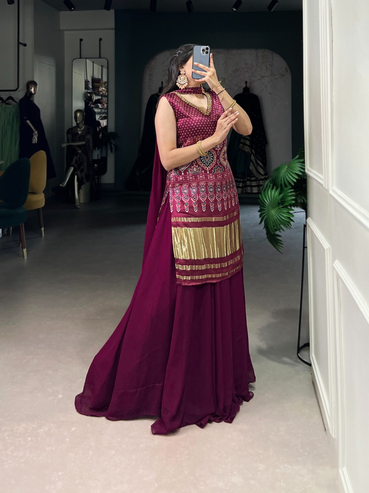 GAJI SILK KURTI WITH GEORGETTE PLAZZO & DUPATTA SET