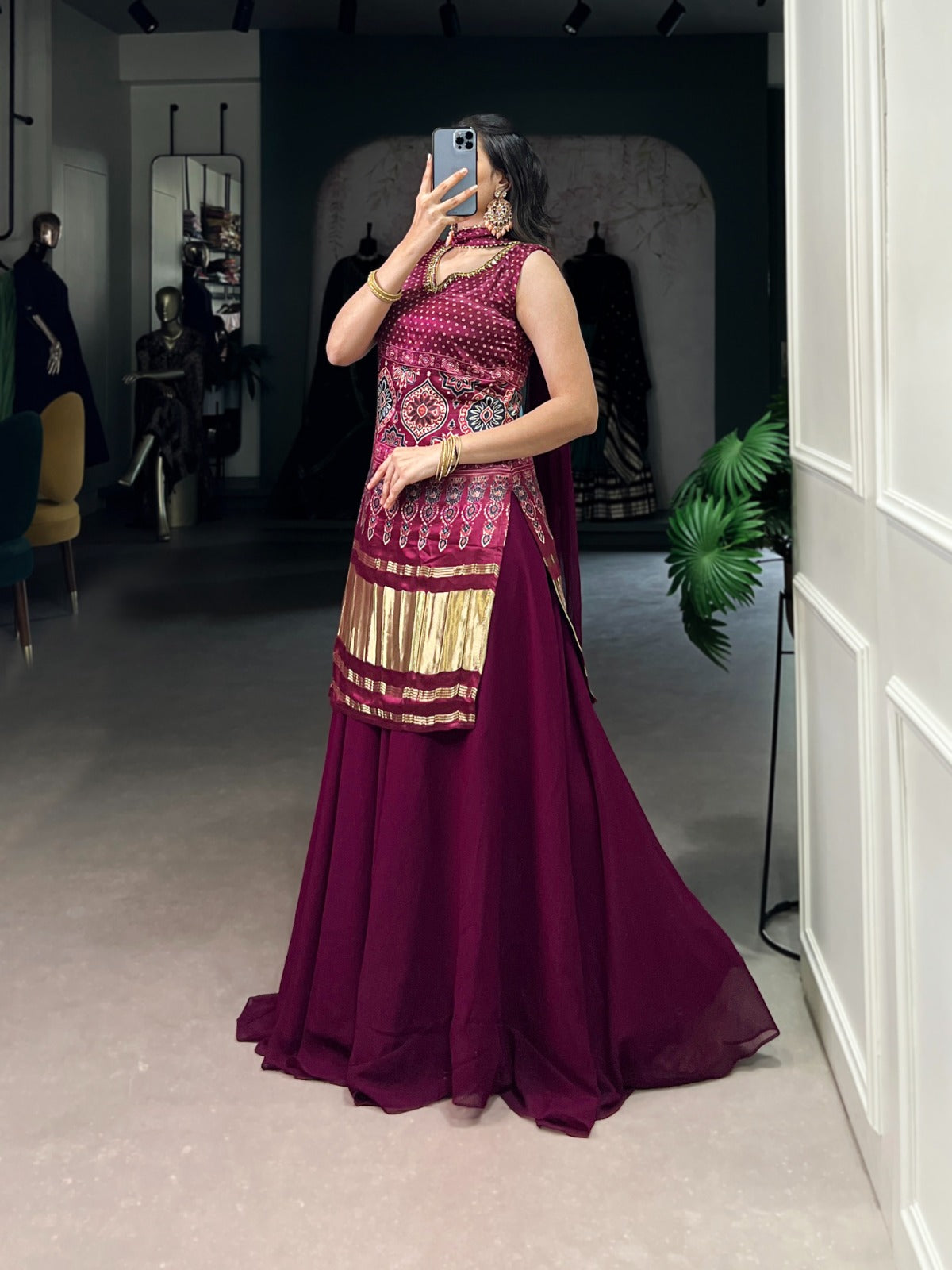 GAJI SILK KURTI WITH GEORGETTE PLAZZO & DUPATTA SET