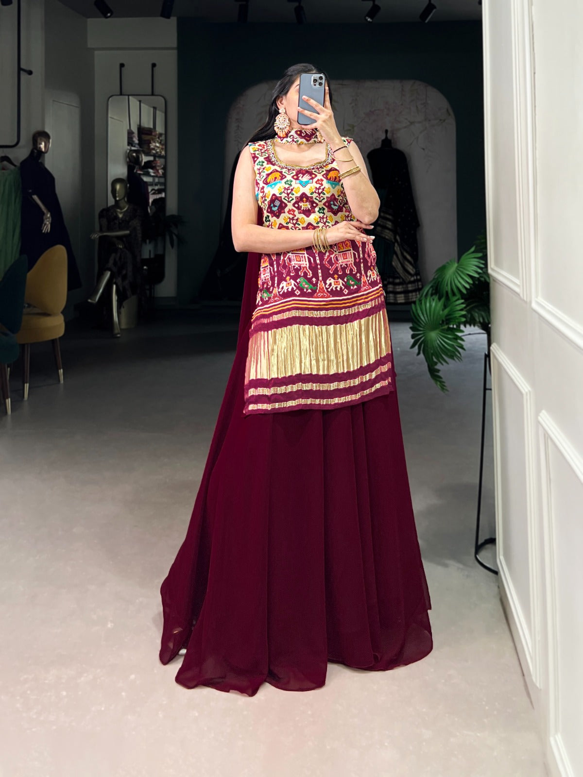 GAJI SILK KURTI WITH GEORGETTE PLAZZO & DUPATTA SET