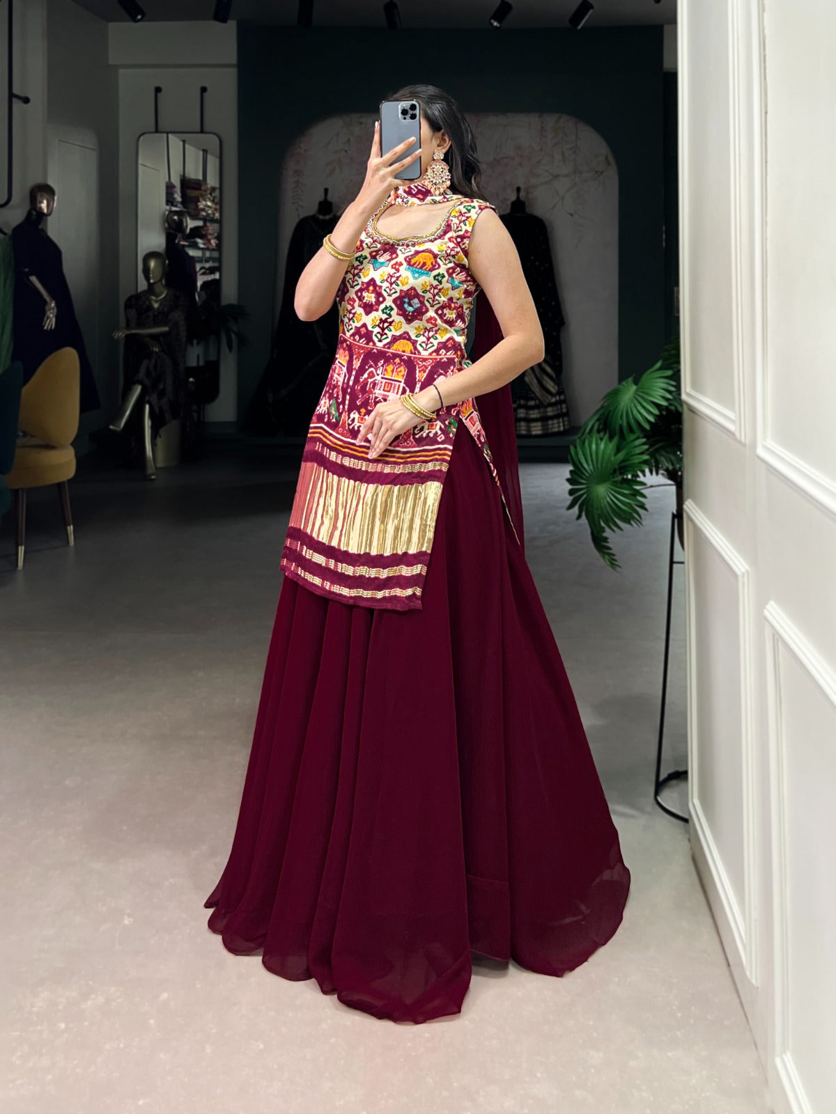 GAJI SILK KURTI WITH GEORGETTE PLAZZO & DUPATTA SET
