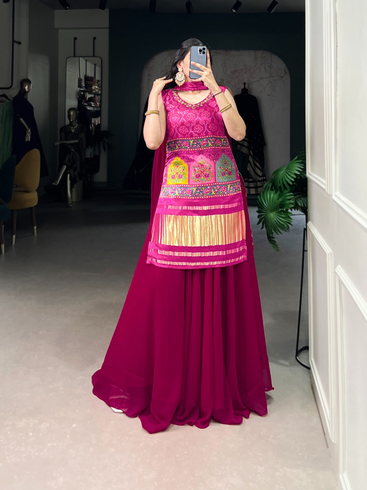 GAJI SILK KURTI WITH GEORGETTE PLAZZO & DUPATTA SET