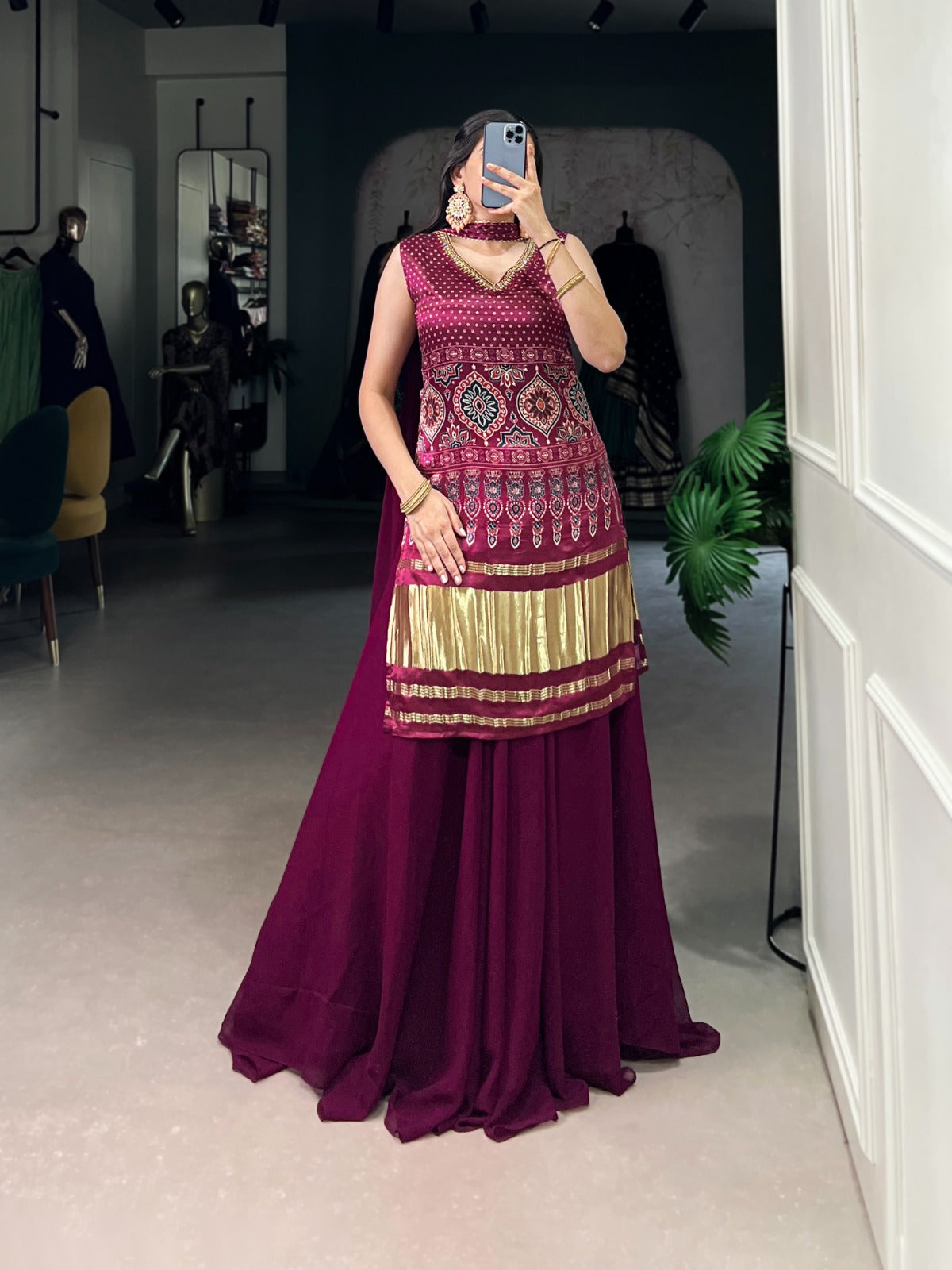 GAJI SILK KURTI WITH GEORGETTE PLAZZO & DUPATTA SET