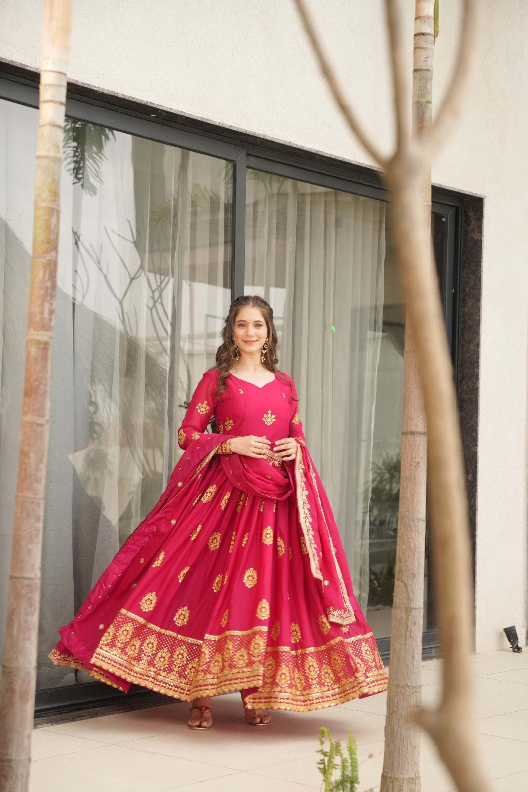 Star Georgette Embroidered Partywear Gown with Dupatta