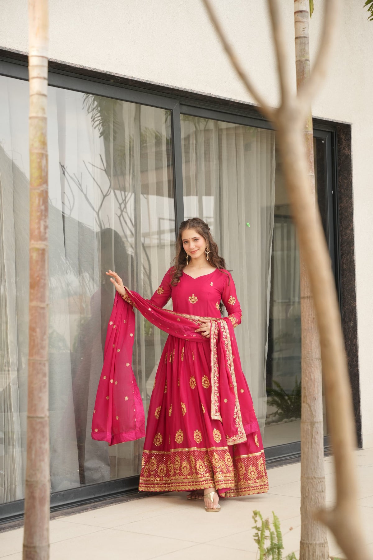 Star Georgette Embroidered Partywear Gown with Dupatta