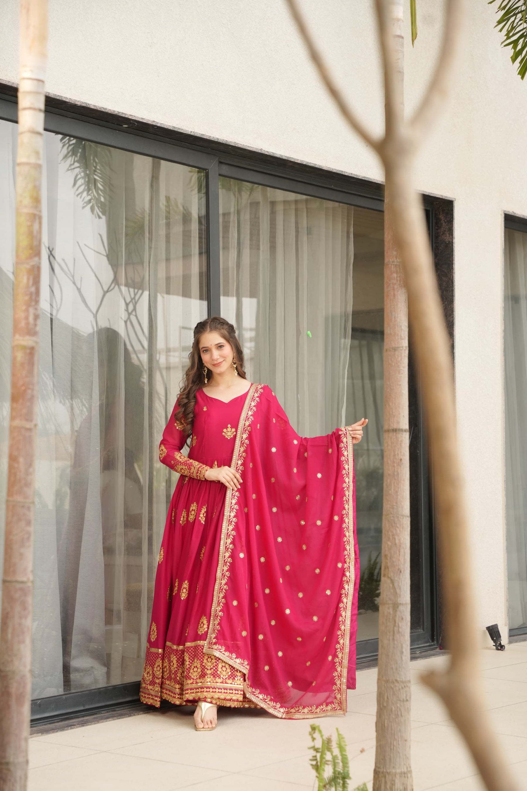Star Georgette Embroidered Partywear Gown with Dupatta