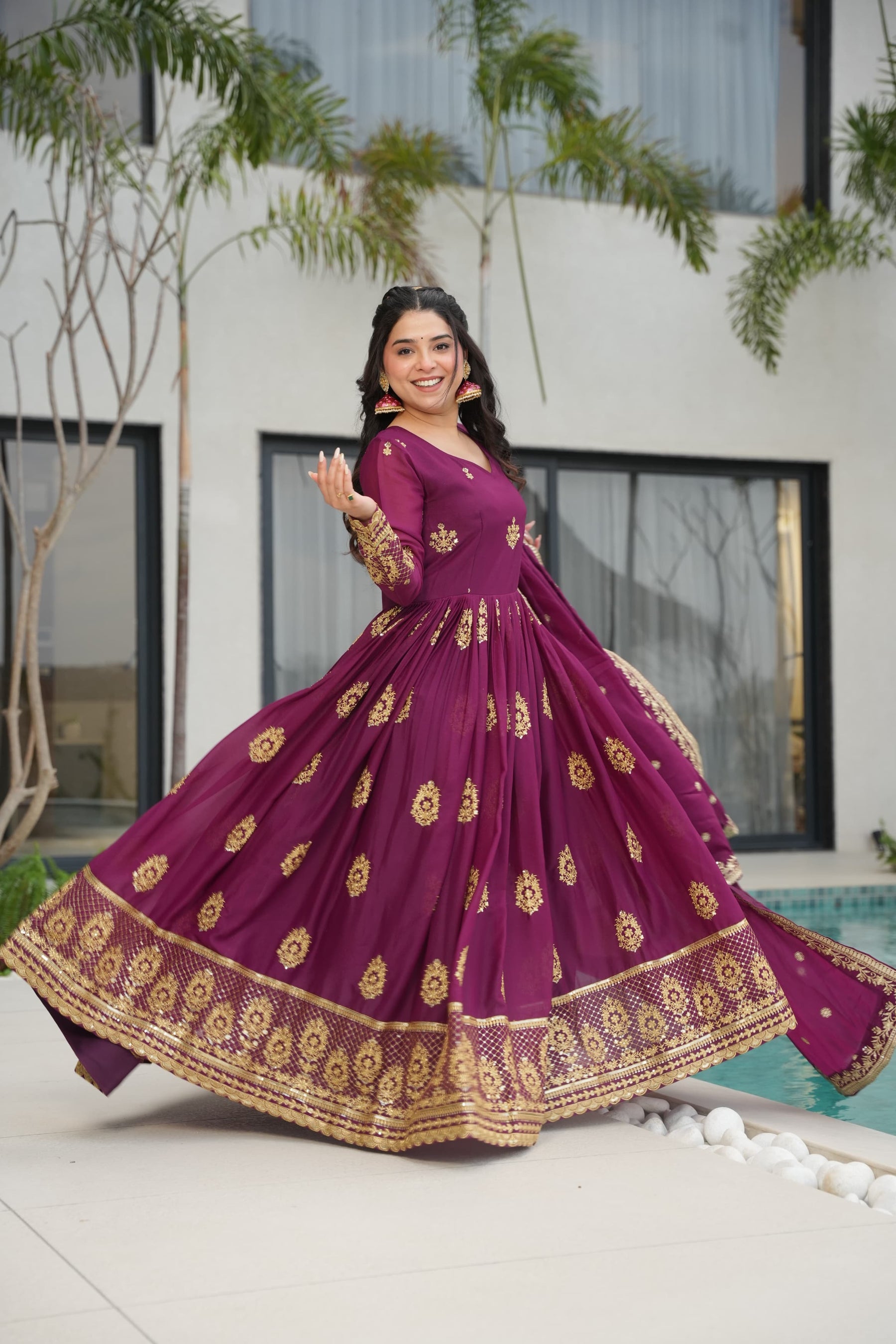 Star Georgette Embroidered Partywear Gown with Dupatta