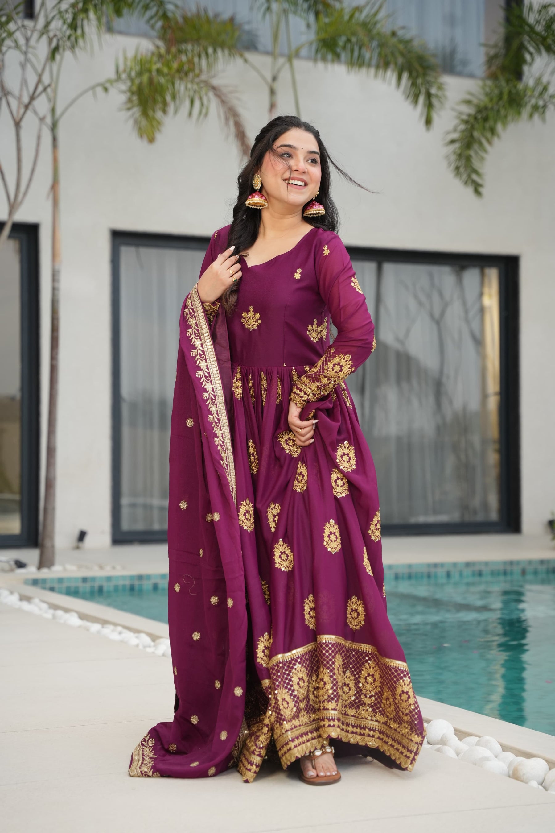 Star Georgette Embroidered Partywear Gown with Dupatta