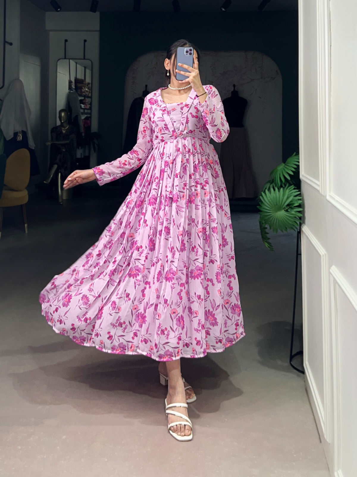 PINK FLORAL GEORGETTE FROCK FOR DAILY WEAR
