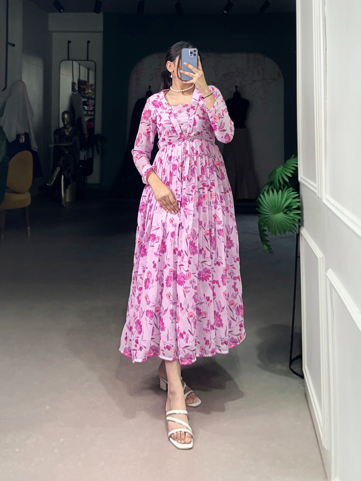 PINK FLORAL GEORGETTE FROCK FOR DAILY WEAR