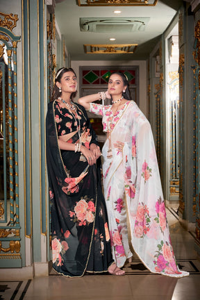 ELEGANT PEACH PINK GEORGETTE SAREE WITH PEARL LACE BORDER