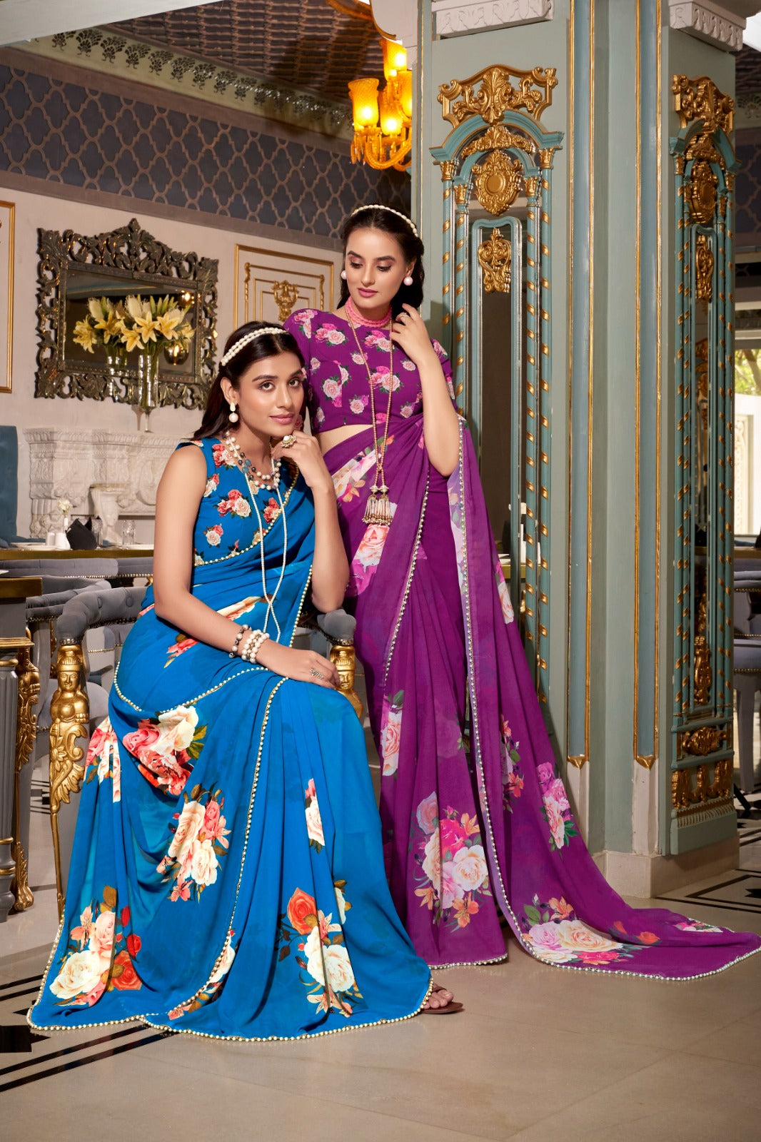 ELEGANT PEACH PINK GEORGETTE SAREE WITH PEARL LACE BORDER