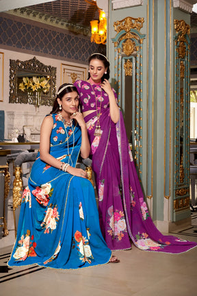 ELEGANT PEACH PINK GEORGETTE SAREE WITH PEARL LACE BORDER