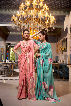 ELEGANT PEACH PINK GEORGETTE SAREE WITH PEARL LACE BORDER
