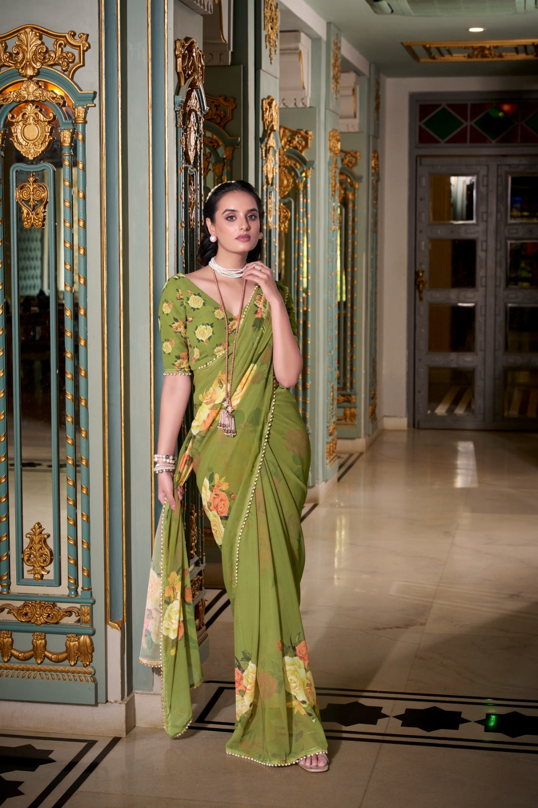 ELEGANT PEACH PINK GEORGETTE SAREE WITH PEARL LACE BORDER