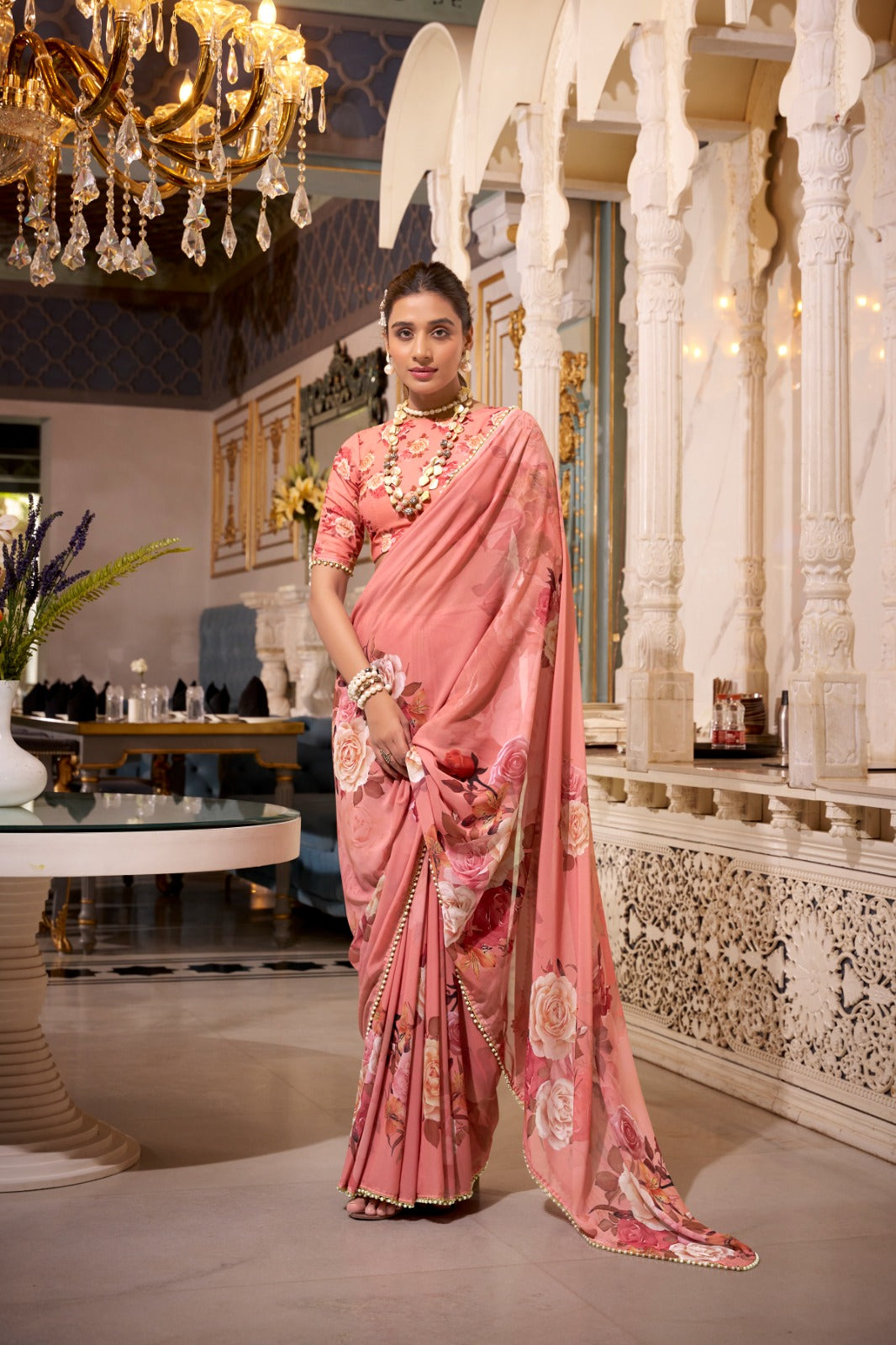 ELEGANT PEACH PINK GEORGETTE SAREE WITH PEARL LACE BORDER