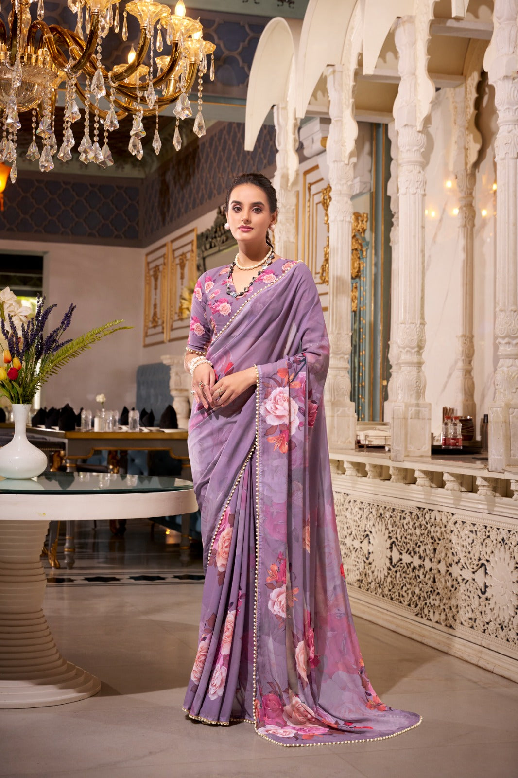 ELEGANT PEACH PINK GEORGETTE SAREE WITH PEARL LACE BORDER