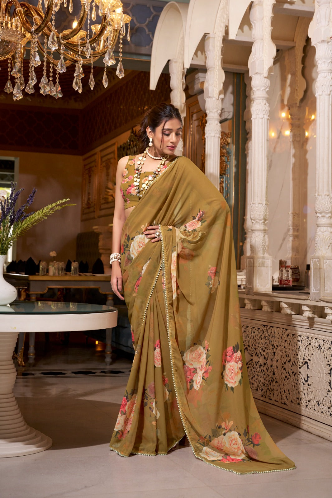 ELEGANT PEACH PINK GEORGETTE SAREE WITH PEARL LACE BORDER