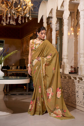 ELEGANT PEACH PINK GEORGETTE SAREE WITH PEARL LACE BORDER