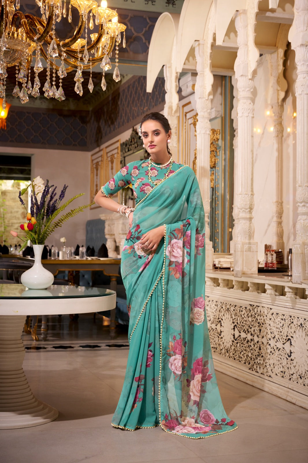 ELEGANT PEACH PINK GEORGETTE SAREE WITH PEARL LACE BORDER
