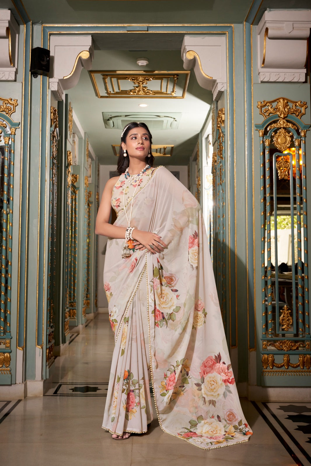 ELEGANT PEACH PINK GEORGETTE SAREE WITH PEARL LACE BORDER