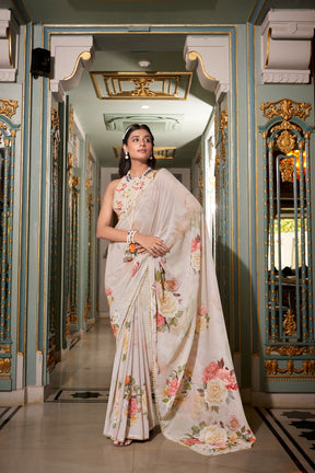 ELEGANT PEACH PINK GEORGETTE SAREE WITH PEARL LACE BORDER