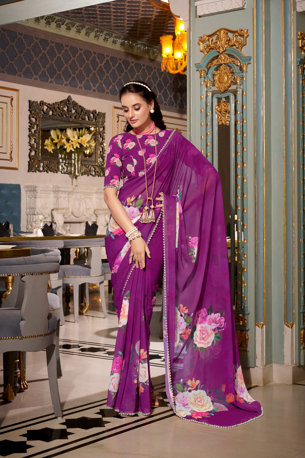 ELEGANT PEACH PINK GEORGETTE SAREE WITH PEARL LACE BORDER