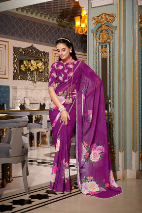 ELEGANT PEACH PINK GEORGETTE SAREE WITH PEARL LACE BORDER