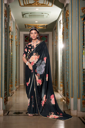 ELEGANT PEACH PINK GEORGETTE SAREE WITH PEARL LACE BORDER