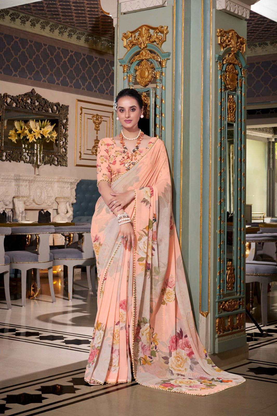 ELEGANT PEACH PINK GEORGETTE SAREE WITH PEARL LACE BORDER