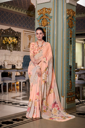 ELEGANT PEACH PINK GEORGETTE SAREE WITH PEARL LACE BORDER