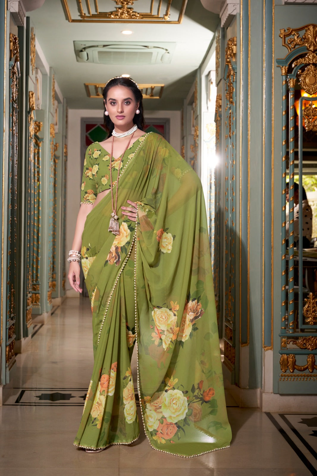 ELEGANT PEACH PINK GEORGETTE SAREE WITH PEARL LACE BORDER