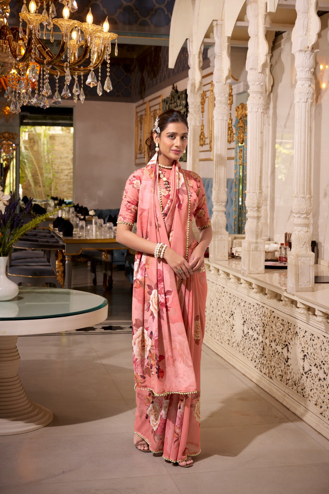 ELEGANT PEACH PINK GEORGETTE SAREE WITH PEARL LACE BORDER