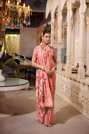 ELEGANT PEACH PINK GEORGETTE SAREE WITH PEARL LACE BORDER