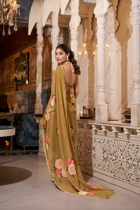 ELEGANT PEACH PINK GEORGETTE SAREE WITH PEARL LACE BORDER