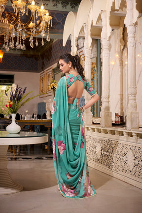 ELEGANT PEACH PINK GEORGETTE SAREE WITH PEARL LACE BORDER