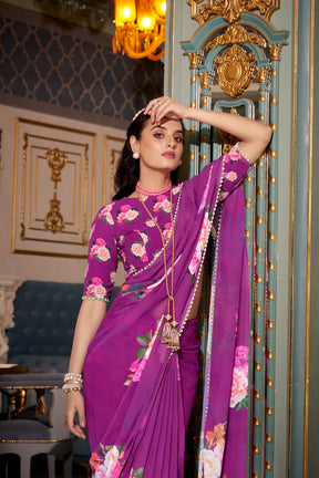 ELEGANT PEACH PINK GEORGETTE SAREE WITH PEARL LACE BORDER