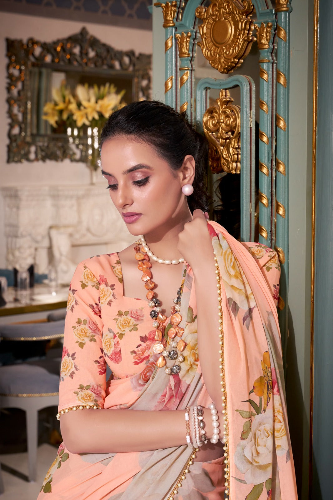 ELEGANT PEACH PINK GEORGETTE SAREE WITH PEARL LACE BORDER