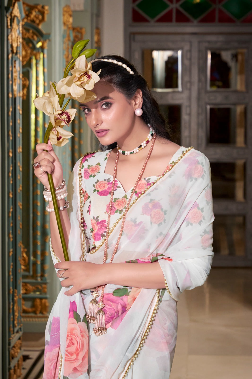 ELEGANT PEACH PINK GEORGETTE SAREE WITH PEARL LACE BORDER