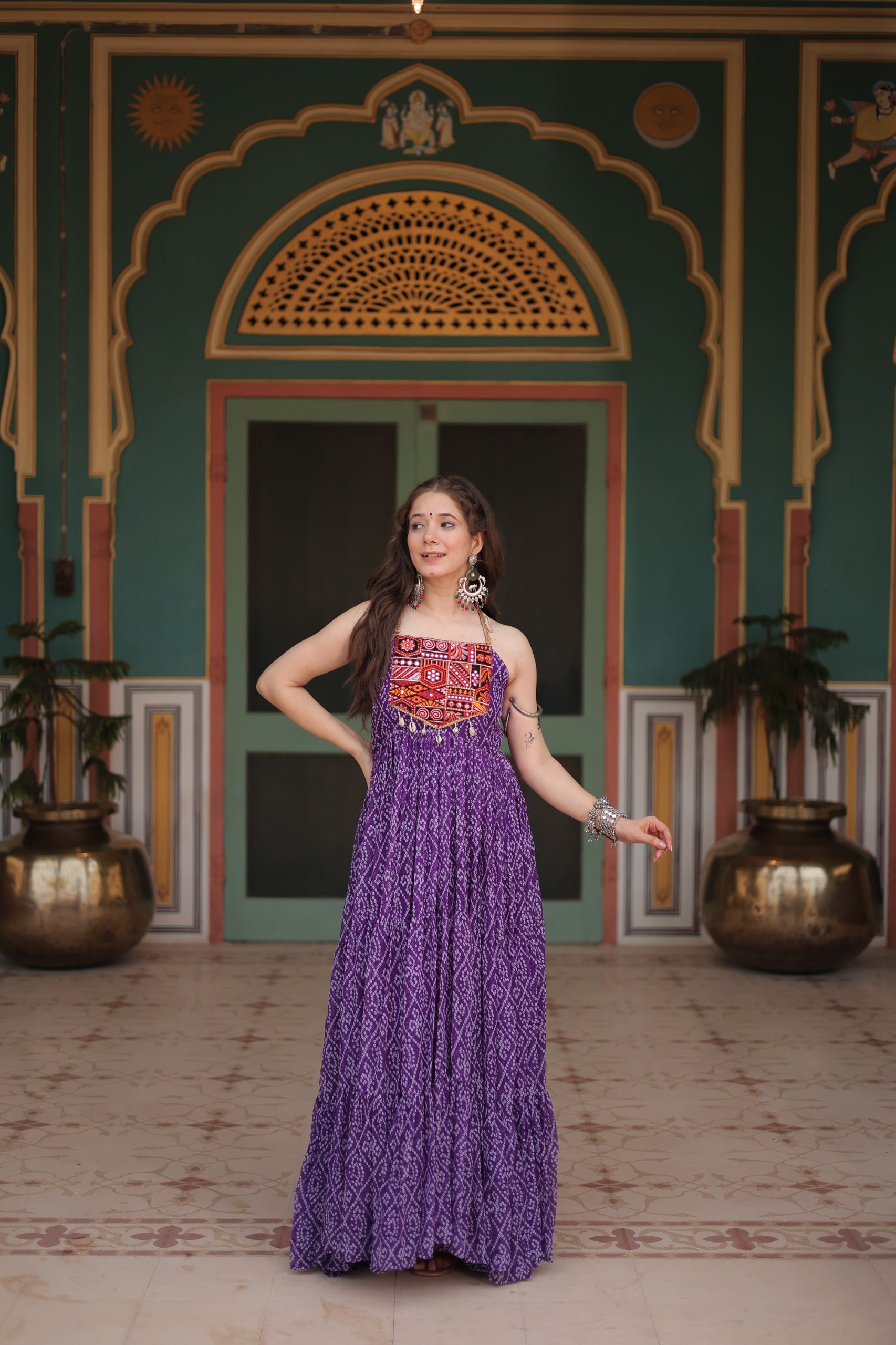 Bandhani Gown with Kutchi Patchwork
