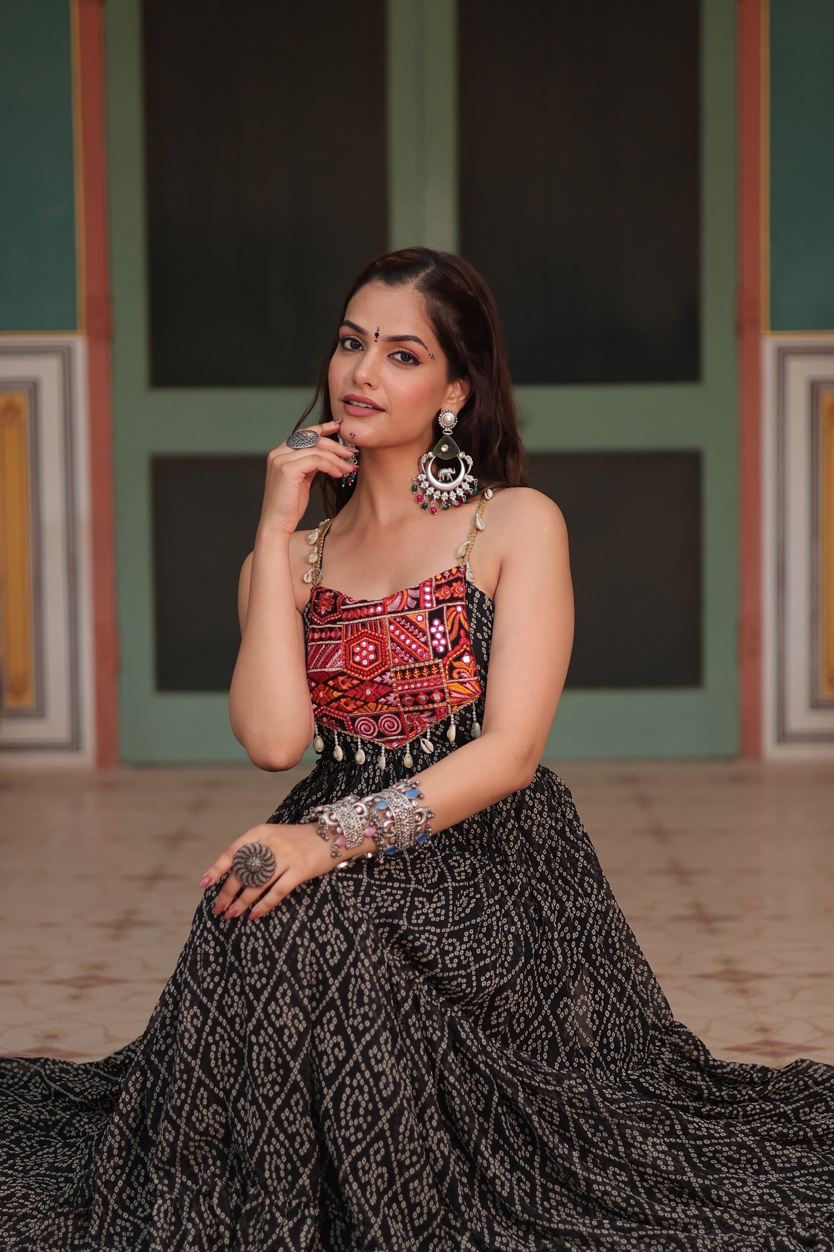 Bandhani Gown with Kutchi Patchwork